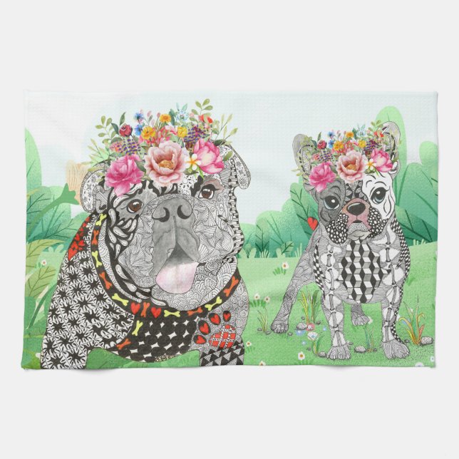 Engelska bulldog och Fransk Bulldog Kitchen Towel Kökshandduk (Horisontell)