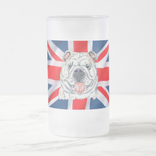 Engelska Bulldog och Union Jack på froststej Frostat Ölglas