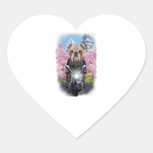 Engelska bulldog på motorcykel Tour Japanska Sakur Hjärtformat Klistermärke