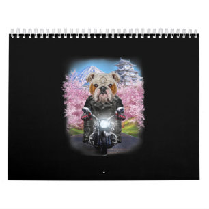 Engelska bulldog på motorcykel Tour Japanska Sakur Kalender