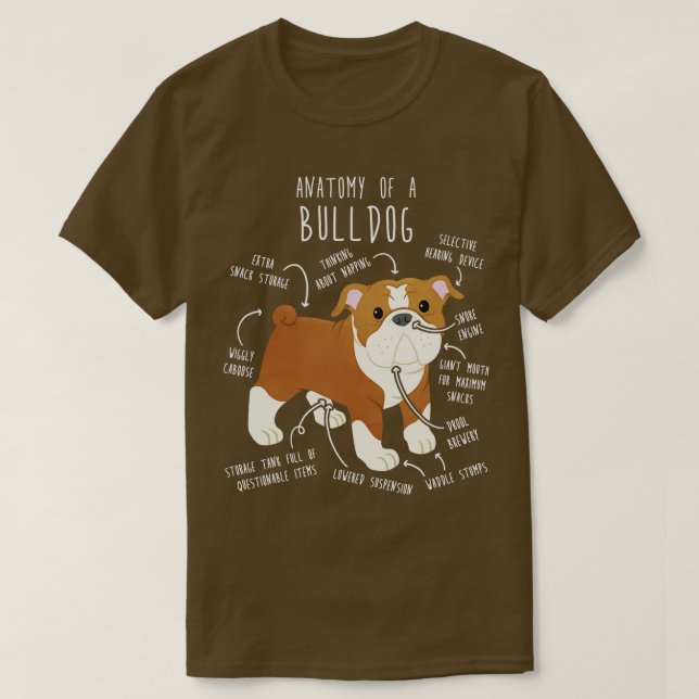 Engelska Bulldog Red and White Hund Anatomy T Shirt (Design framsida)