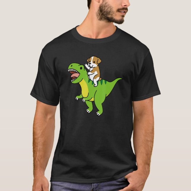 Engelska bulldog Riding Rex Dinosaur Hund T Shirt (Framsida)