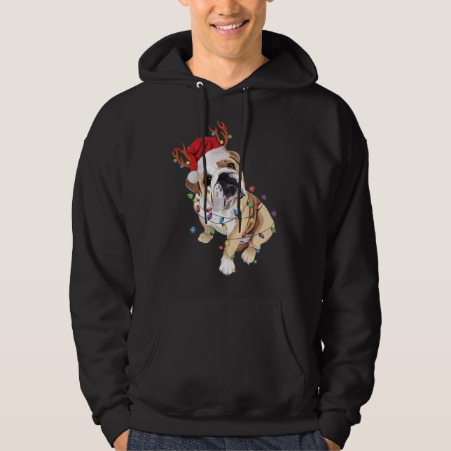 Engelska Bulldog Santa Hat Reindeer Julljus Hoodie (Framsida)