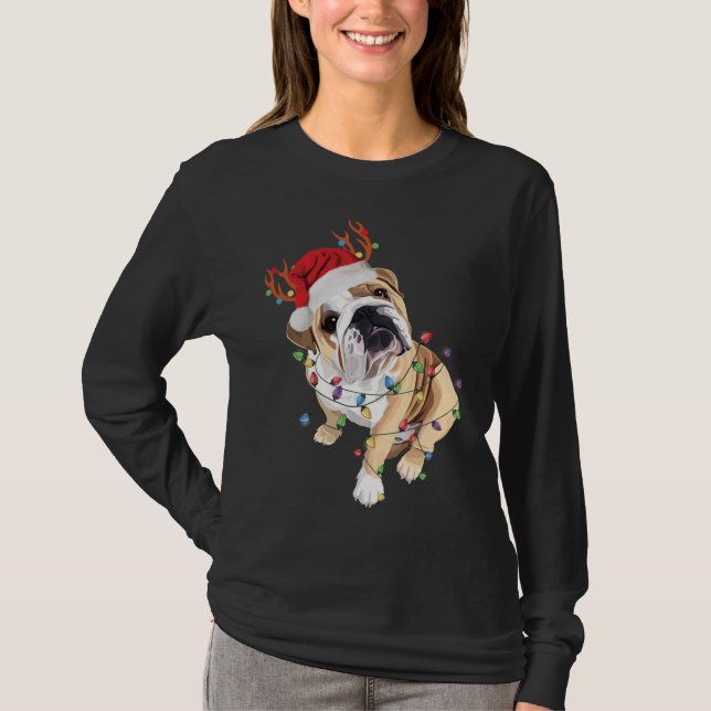 Engelska Bulldog Santa Hat Reindeer Julljus T Shirt (Framsida)