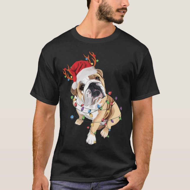 Engelska Bulldog Santa Hat Reindeer Julljus T Shirt (Framsida)