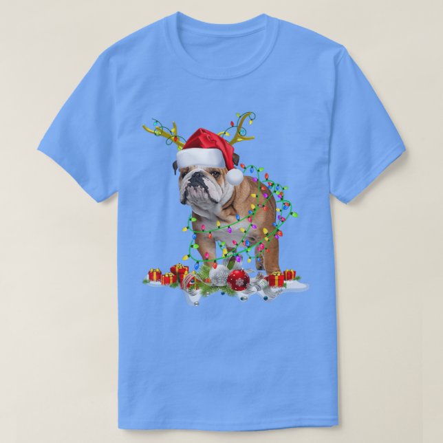 Engelska Bulldog Santa Hat Reindeer Julljus T Shirt (Design framsida)