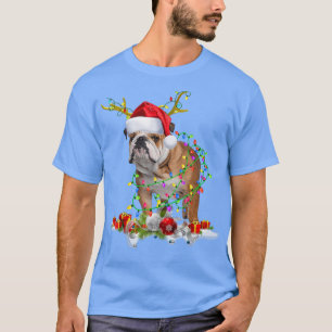 Engelska Bulldog Santa Hat Reindeer Julljus T Shirt