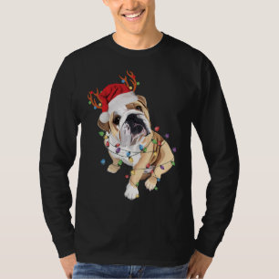 Engelska Bulldog Santa Hat Reindeer Julljus T Shirt