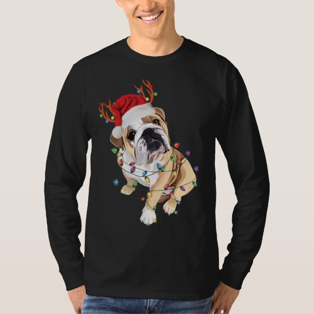 Engelska Bulldog Santa Hat Reindeer Julljus T Shirt (Framsida)