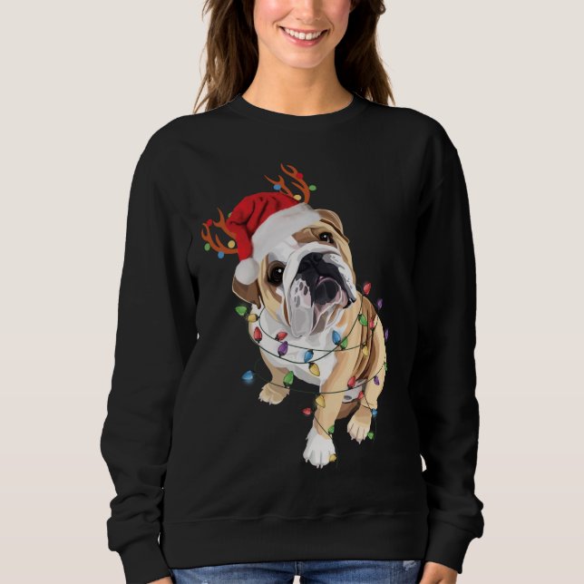 Engelska Bulldog Santa Hat Reindeer Julljus T Shirt (Framsida)