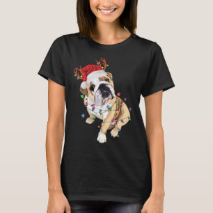 Engelska Bulldog Santa Hat Reindeer Julljus T Shirt