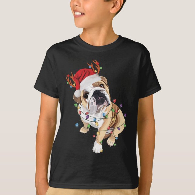 Engelska Bulldog Santa Hat Reindeer Julljus T Shirt (Framsida)