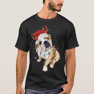 Engelska Bulldog Santa Hat Reindeer Julljus T Shirt