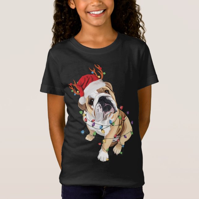 Engelska Bulldog Santa Hat Reindeer Julljus T Shirt (Framsida)