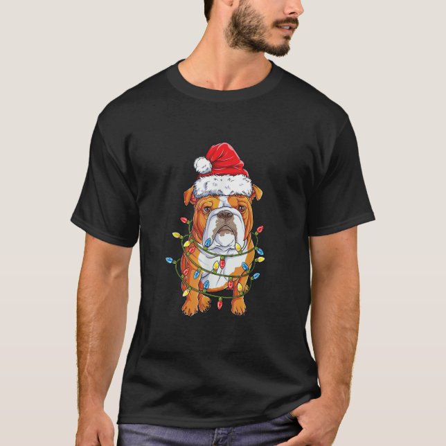 Engelska bulldog Santa Julgran Ljus Julafton G T Shirt (Framsida)