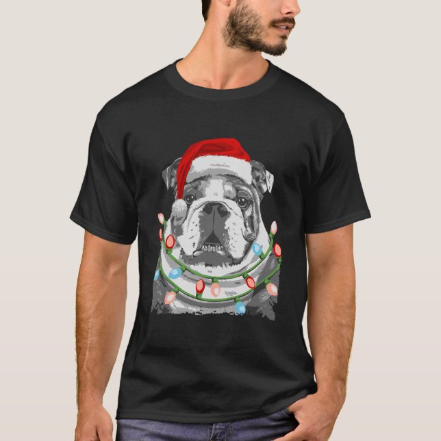 Engelska bulldog Santa Julgran Ljus Julafton G T Shirt (Framsida)