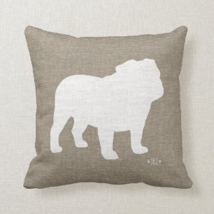 Engelska bulldog Silhouette Faux Linen Hund älska Kudde
