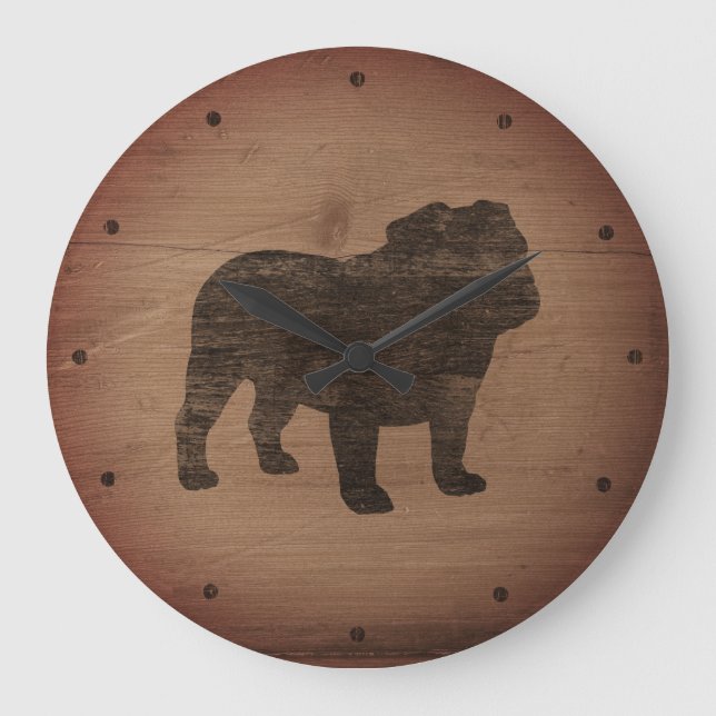 Engelska bulldog Silhouette Faux Weasted Wood Stor Klocka (Framsida)