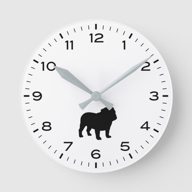 Engelska Bulldog Silhouette med timmar och minuter Rund Klocka (Framsida)
