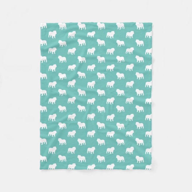 Engelska Bulldog Silhouettes Teal and White Mönste Fleecefilt (Framsidan)