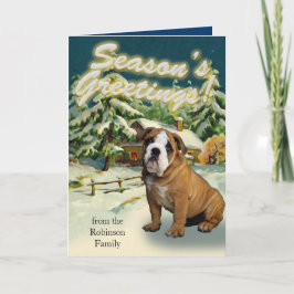 Engelska bulldog Snö Cabin-julkort Helgkort