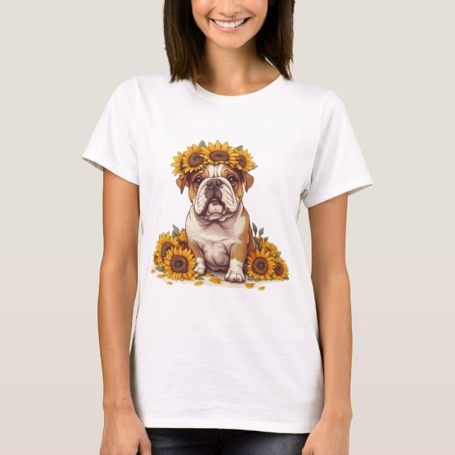 Engelska bulldog Sunblomma Krona T Shirt (Framsida)