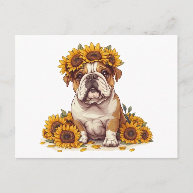Engelska bulldog Sunblomma Krona Vykort (Framsida)
