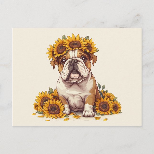 Engelska bulldog Sunblomma Krona Vykort (Framsida)