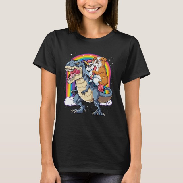 Engelska Bulldog Unicorn Riding Dinosaur rex Manar T Shirt (Framsida)