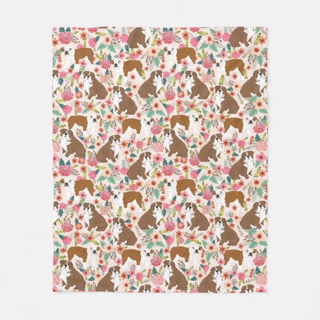 Engelska bulldog Vintage blommigt mönster Fleecefilt (Framsidan)