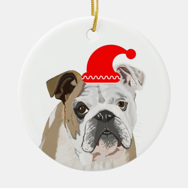 Engelska bulldog Wearing a Red Santa Hat Julgransprydnad Keramik (Framsidan)