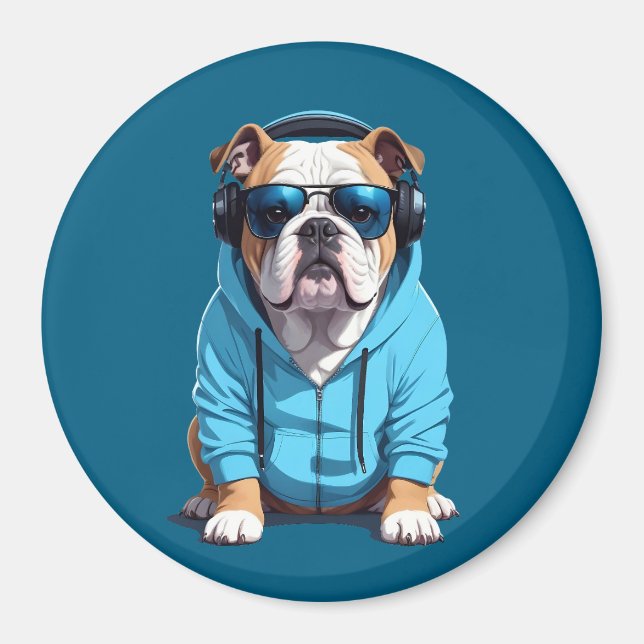 Engelska bulldog Wearing Hoodie Funny Coola Music Magnet (Framsidan)