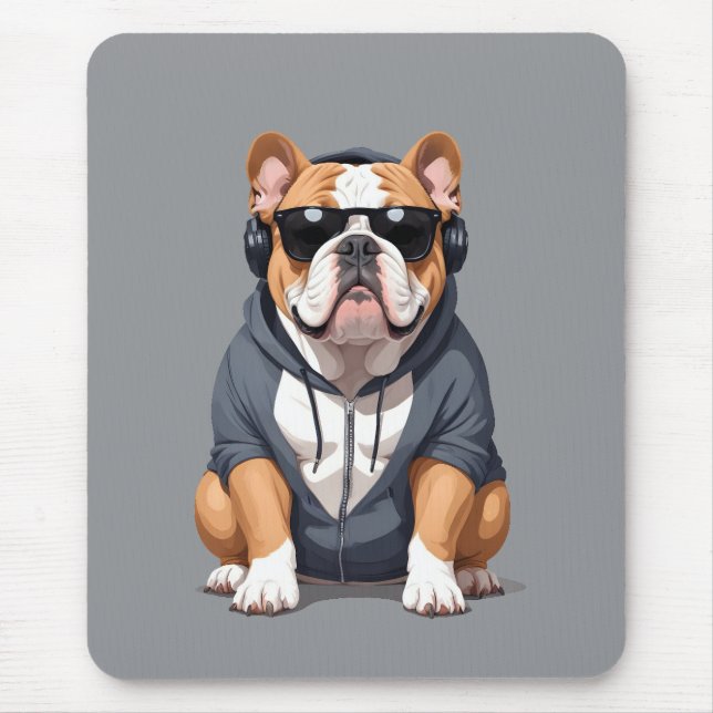 Engelska bulldog Wearing Hoodie Funny Coola Music Musmatta (Framsidan)