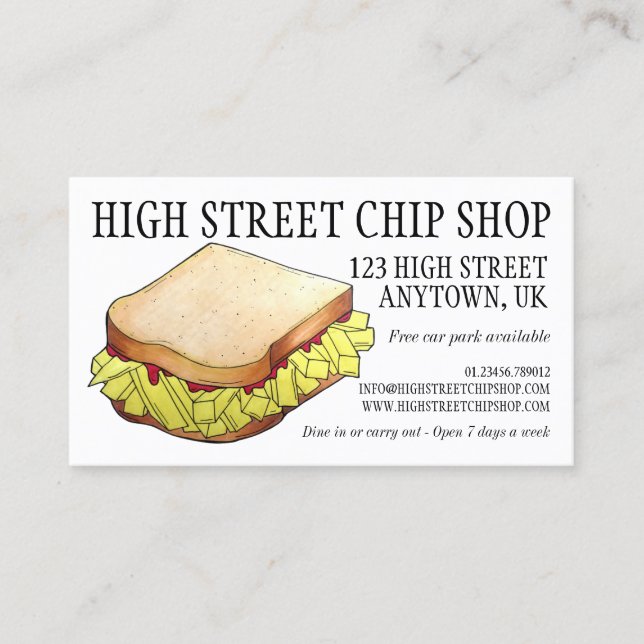 Engelska Chip Shop Butty Sandwich Takeaway UK Food Visitkort (Framsida)