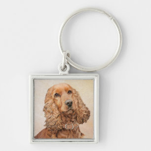Engelska Cocker Spain Painting - Original Hund Art Fyrkantig Silverfärgad Nyckelring