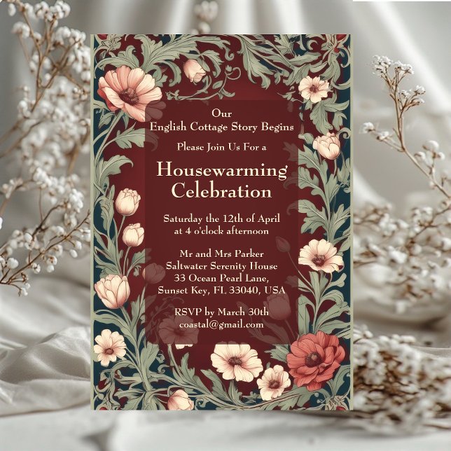 Engelska Cottage William Morris Maroon Inflyttning Inbjudningar (English Cottage William Morris Styled Housewarming Invitation)
