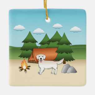 Engelska Cream Golden Retriever Camping in A Fores Julgransprydnad Keramik