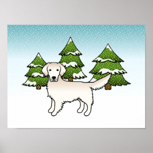 Engelska Cream Golden Retriever in Winter & Träd Poster