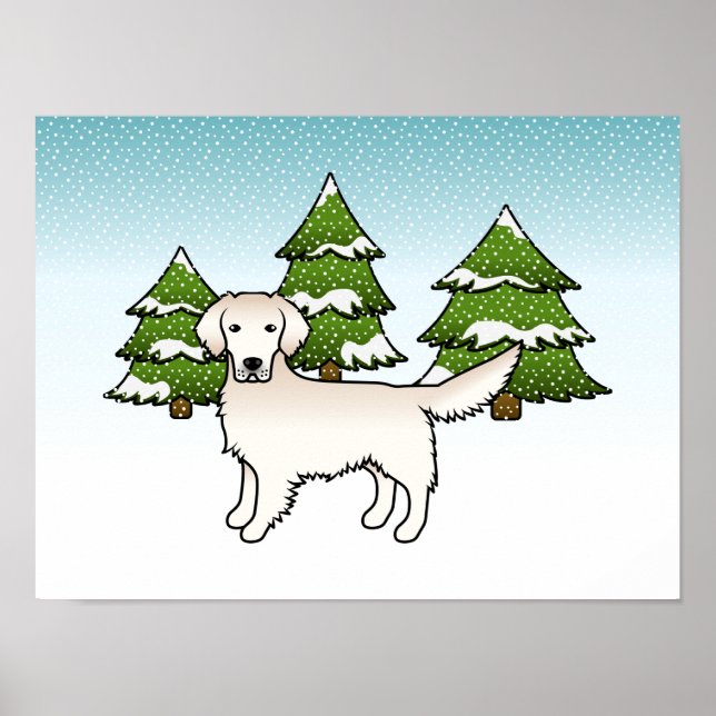 Engelska Cream Golden Retriever in Winter & Träd Poster (Framsidan)