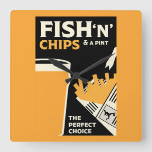 Engelska fiskar och Chip Fyrkantig Klocka