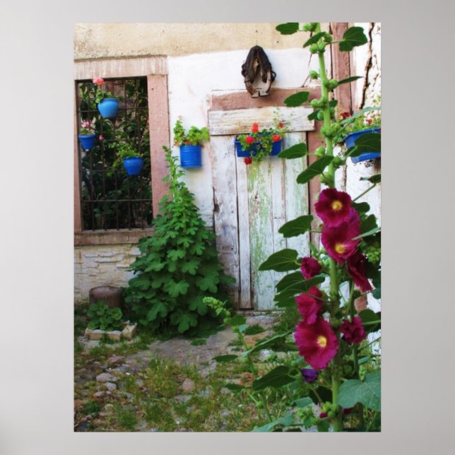 Engelska Garden Hollyhocks och Flowers Poster (Framsidan)