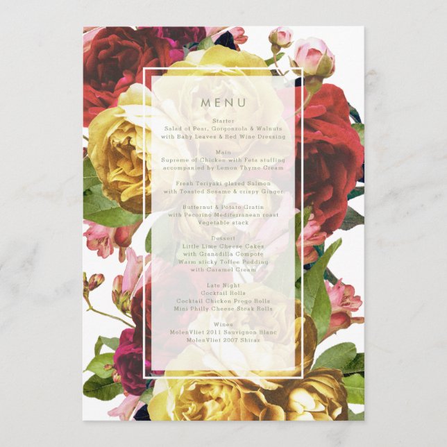 Engelska Garden Vintage Ro Bröllop Menu Meny (Framsida)