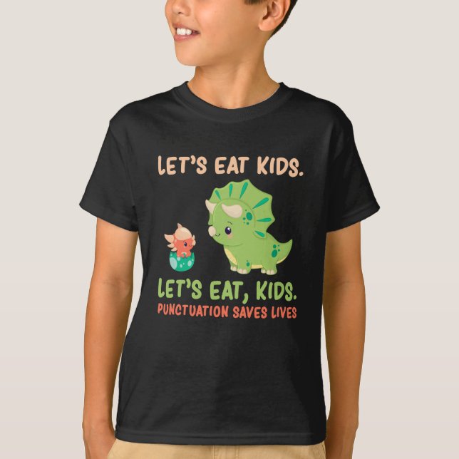 Engelska Grammar-interpunktion Humor Trex Dinosaur T Shirt (Framsida)