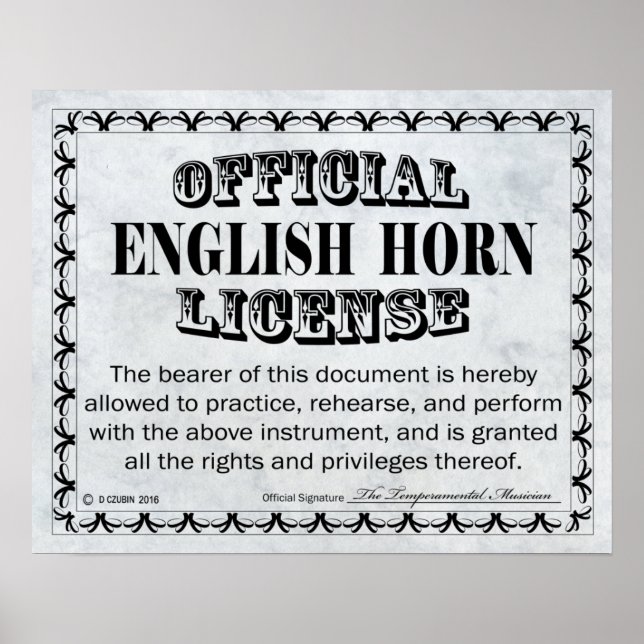 Engelska Horn Licence Poster (Framsidan)