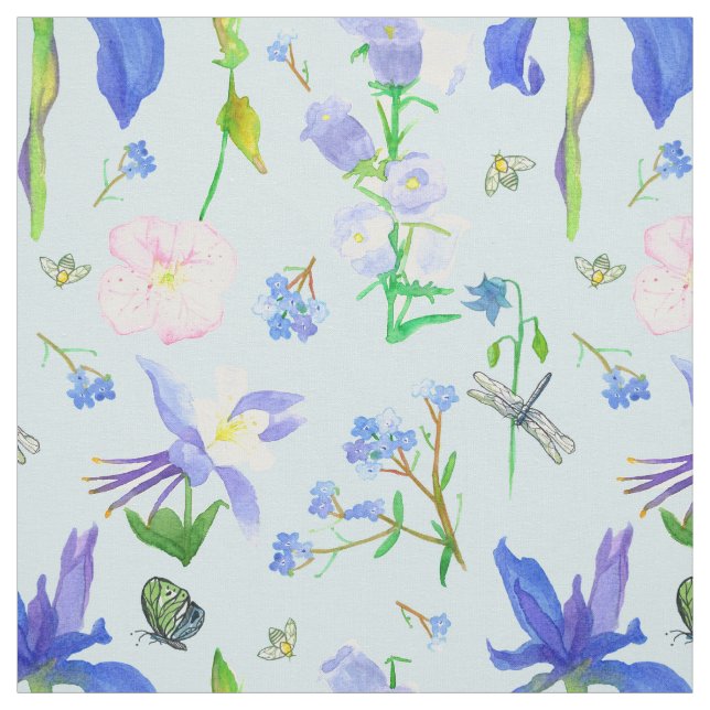 Engelska Landsbygdens Vilda Blommor Bin Blå Tyg (Provkarta)
