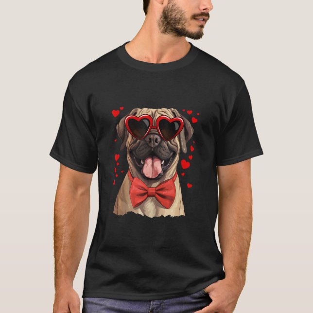 Engelska Mastiff Hund Hearts Sunglasses Bow Tie Va T Shirt (Framsida)