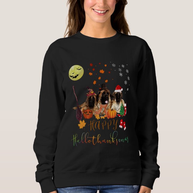 Engelska Mastiff Hund Lycklig Hallothanksmas Famil T Shirt (Framsida)