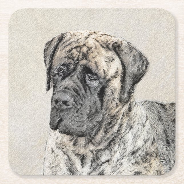 Engelska Mastiff-målning (Brindle) - Hund Art Underlägg Papper Kvadrat (Framsidan)