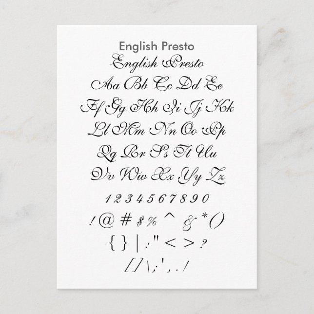 Engelska Presto - Zazzle Font Sampler Lakan Vykort (Framsida)