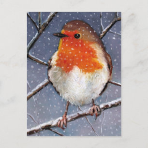 ENGELSKA ROBIN I SNÖ: OIL PASTEL ART VYKORT
